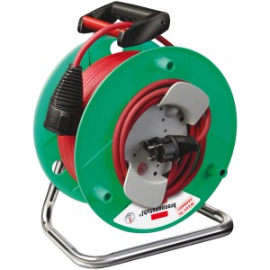 Brennenstuhl Gartenkabeltrommel Garant G ST, 50m, grün. Kabeltrommel mit rotem Kabel und Stecker auf Metallgestell.