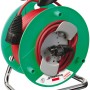 Brennenstuhl Gartenkabeltrommel Garant G ST, 50m, grün. Kabeltrommel mit rotem Kabel und Stecker auf Metallgestell.