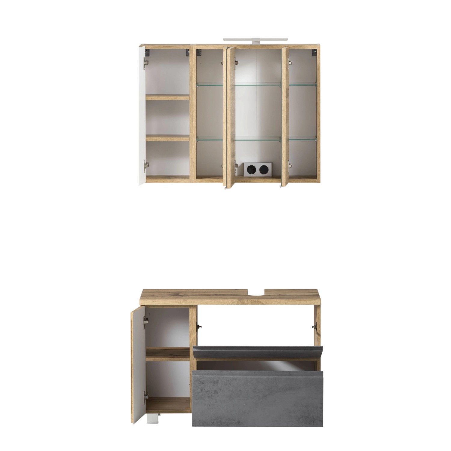 Held Möbel Badmöbel-Set Ancona, 2-teilig, Betongrau/Wotaneiche, mit Spiegelschrank und Unterbeckenschrank.