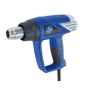 Blaue LUX Heißluftpistole HLP-2000 LCD mit silberner Düse und schwarzem Griff.