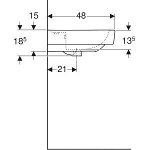 Technische Zeichnung: Geberit Renova Plan Waschbecken, 85x48 cm, weiße Keramik, Maße und Details.