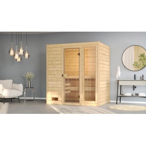 Weka Massivholzsauna Valida 2 Sparset mit Glastür und Fenster in naturbelassenem Fichtenholz.