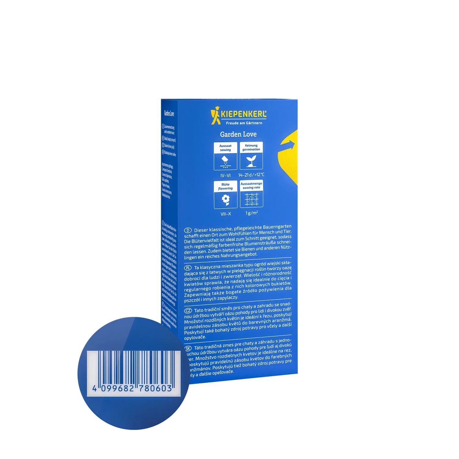 Kiepenkerl Blumenmischung Garden Love, Packung mit Infos zu Aussaat und Pflege.