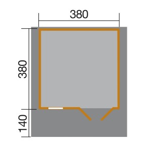 Grundriss OBI Holz-Gartenhaus Riva B, 380x380 cm, mit Maßen für Fundament und Vordach.