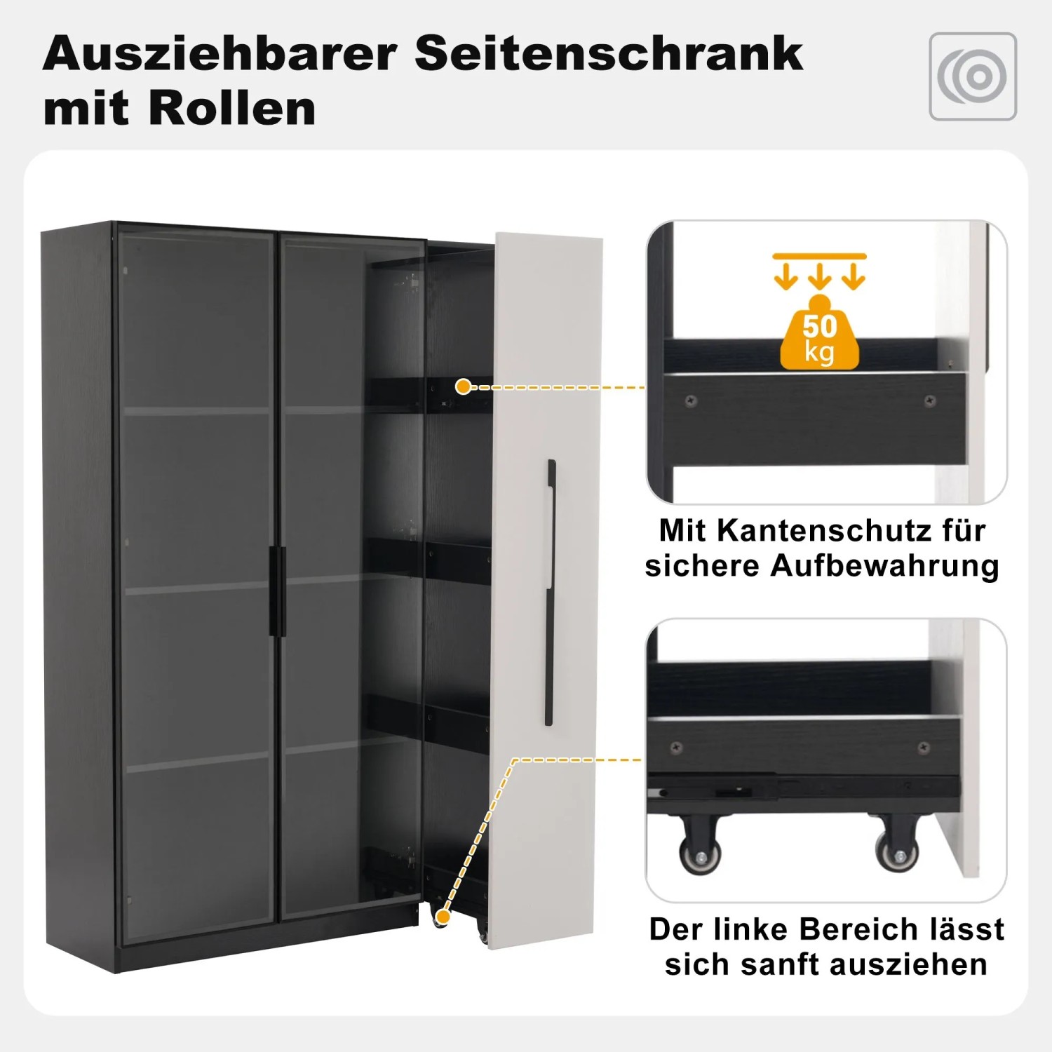 okwish Vitrine mit LED Glastür Rollschrank Esszimmer 110x35x160cm Weiß Schwarz_7