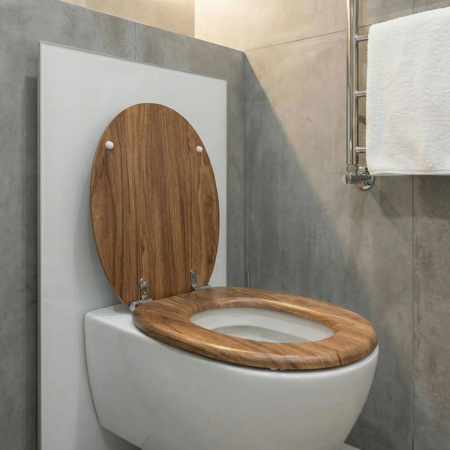 WC-Sitz Holzmaserung mit Absenkautomatik, geöffnet, Metallscharniere. Modernes Badezimmer.