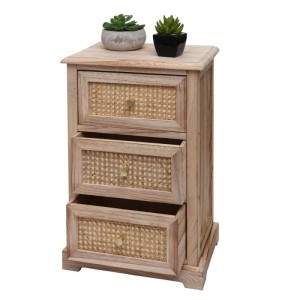 Naturfarbene MCW Kommode K87 mit drei Schubladen und Rattanfronten.
