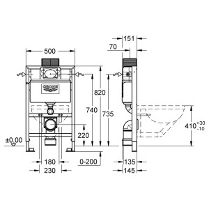 Technische Zeichnung: Grohe Rapid SL Wand-WC Element mit Spülkasten, Maße und Details.
