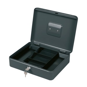 Geöffnete, graue CMI Geldkassette groß aus Stahl mit Münzeinsatz und Schlüssel.