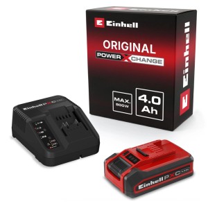 Einhell Akku-Starter-Kit Plus PXC 4 Ah: roter Akku, schwarzes Ladegerät und Produktbox. Für Elektrowerkzeuge.