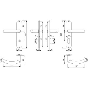 Technische Zeichnung: Hoppe Langschild-Garnitur Narvik WC, Edelstahl matt, Maße und Details.