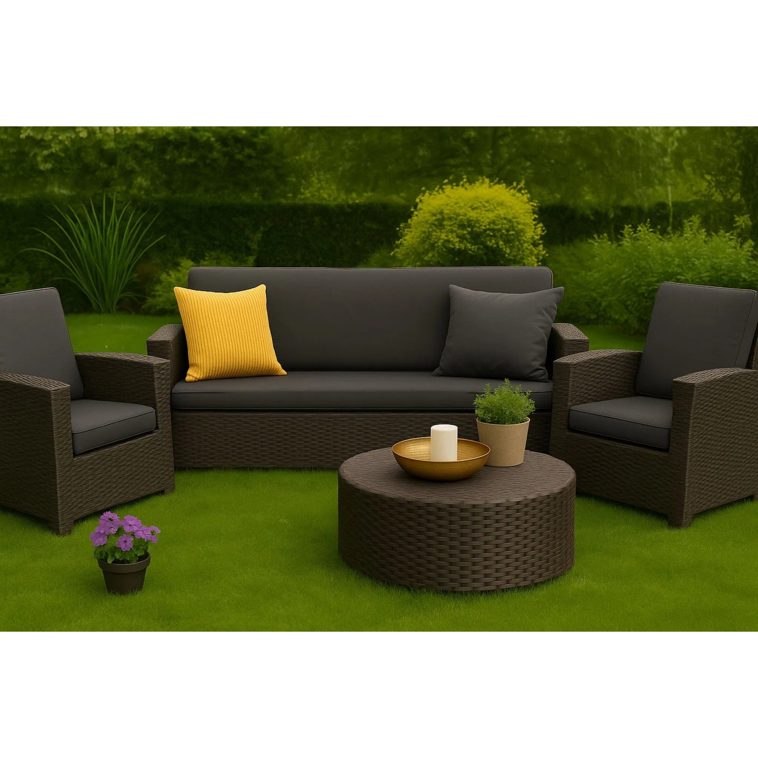Anthrazitfarbenes Gartenkissen-Set für Polyrattan-Möbel, bestehend aus Sitz- und Rückenkissen für ein 2-Sitzer-Sofa.