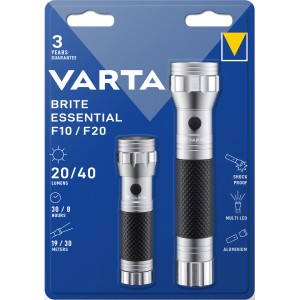 Varta LED-Taschenlampen Brite Essential F10 und F20 im Doppelpack, silberfarben.