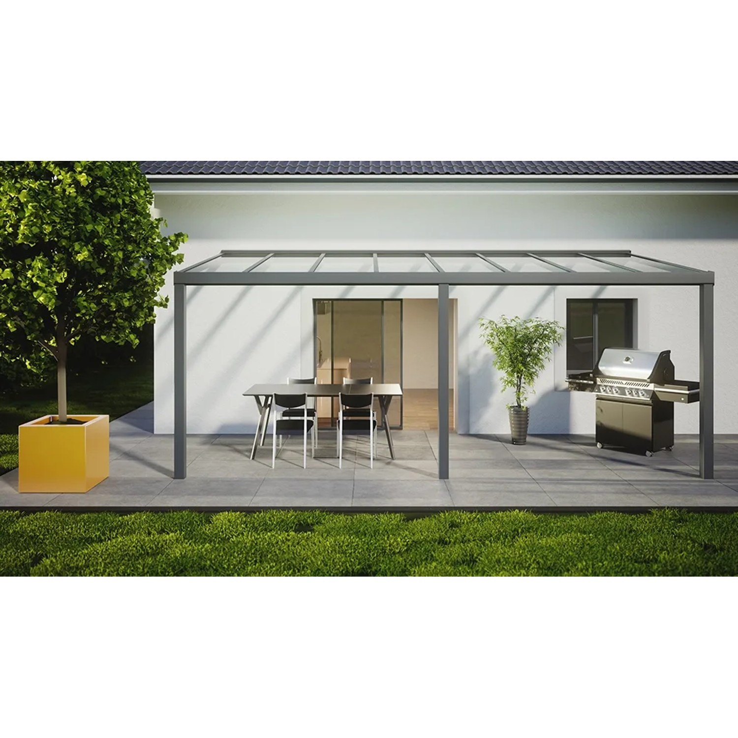 Anthrazit Terrassenüberdachung Smartline mit Polycarbonatplatten, Tisch, Stühlen und Grill.