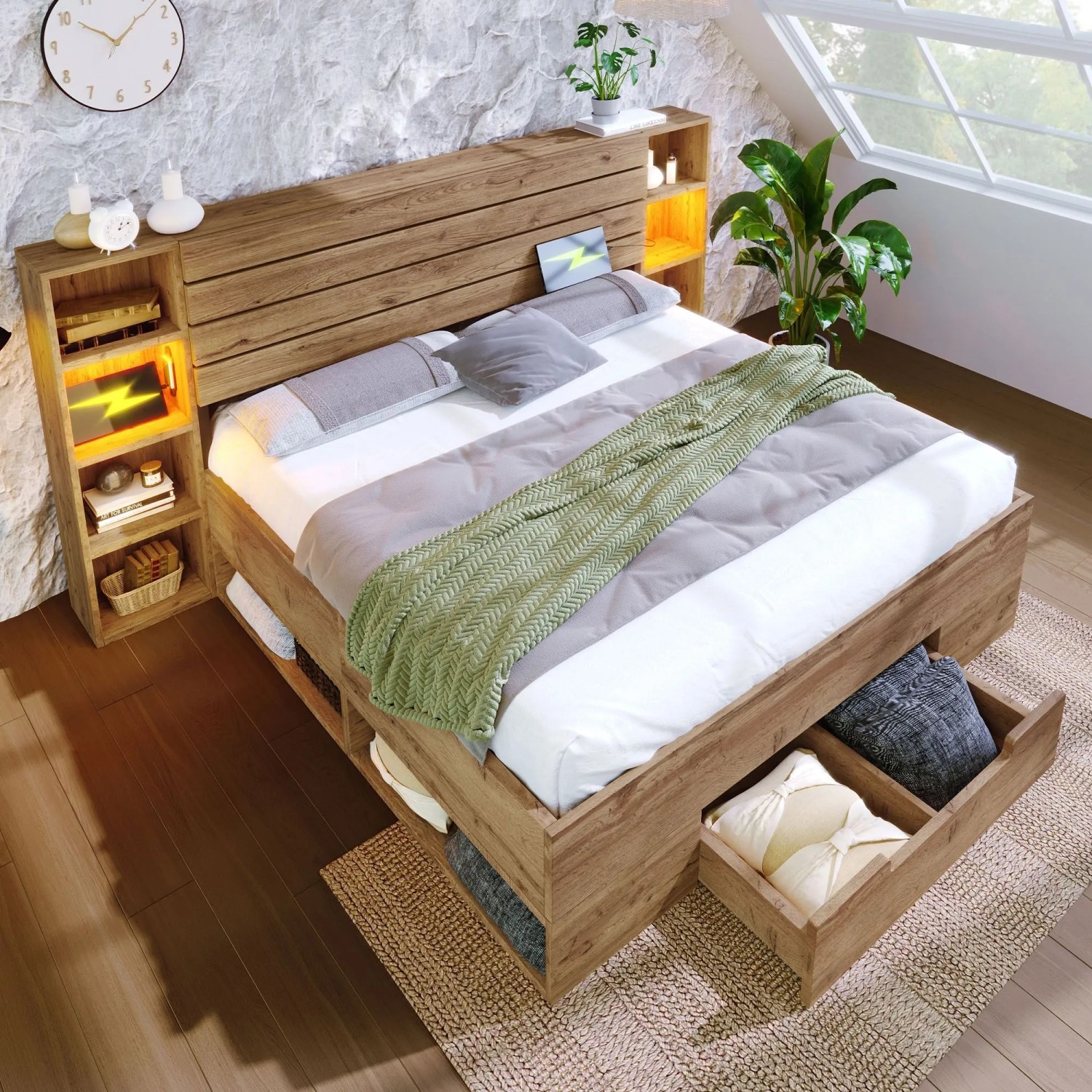 okwish Holzbett 160x200cm mit LED USB Stauraum Kopfteil Schlafzimmer Eiche ohne Matratze_3