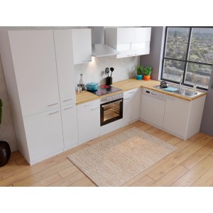 Respekta Winkelküche in Weiß und Nussbaumoptik mit E-Geräten und viel Stauraum.