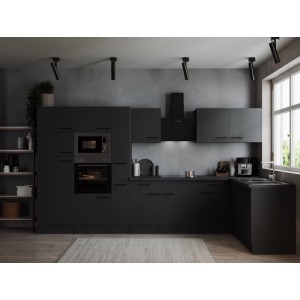 Moderne graue Respekta Winkelküche Oliver, 370 cm, mit E-Geräten und Granit-Optik Arbeitsplatte.