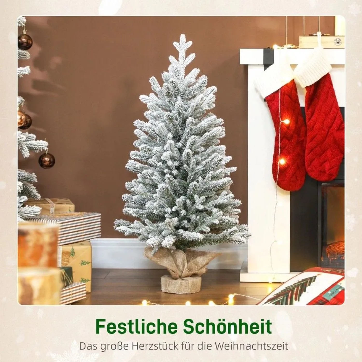 Kleiner HOMCOM Weihnachtsbaum, künstlich, verschneit, 90 cm hoch, mit Leinenfuß, festliche Innendekoration.
