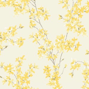 Laura Ashley Vliestapete Forsythia Sunshine mit gelben Blüten auf hellem Grund.