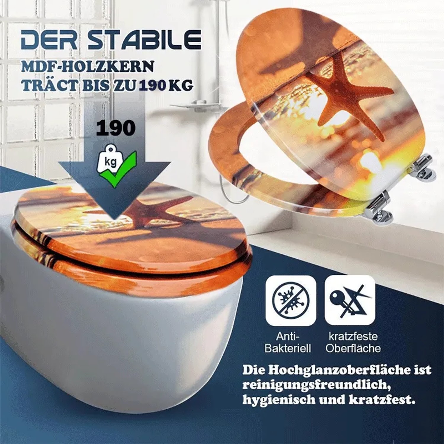 Ovaler Sinobath WC-Sitz mit Softclosing, Sonnenuntergang-Strand-Motiv und Seestern. Robuster MDF-Kern, kratzfeste Oberfläche.