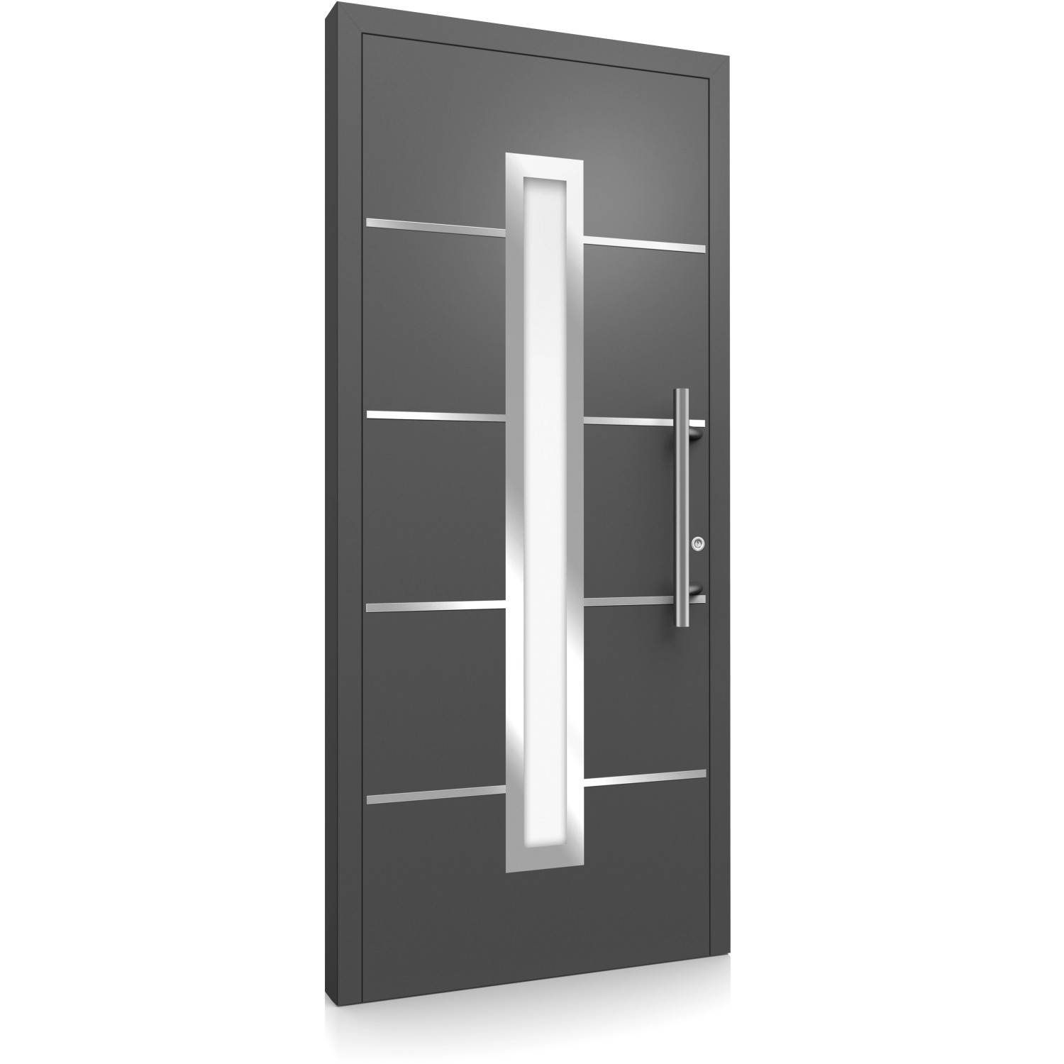 Moderne Aluminium Haustür Moderno M410/B in Anthrazit mit Edelstahl-Applikationen und Griff.