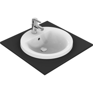 Ideal Standard Connect Einbauwaschtisch, rund, weiß, mit Armatur auf schwarzer Platte.