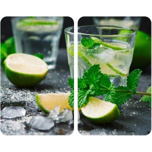 Wenko Herdabdeckplatten Mojito 2er Set: Mehrfarbige Glasplatten mit Limetten- und Minz-Motiv.