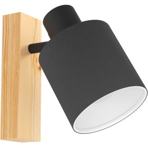 Eglo Wandlampe Batallas mit schwarzem Textilschirm und Holzhalterung in Natur.