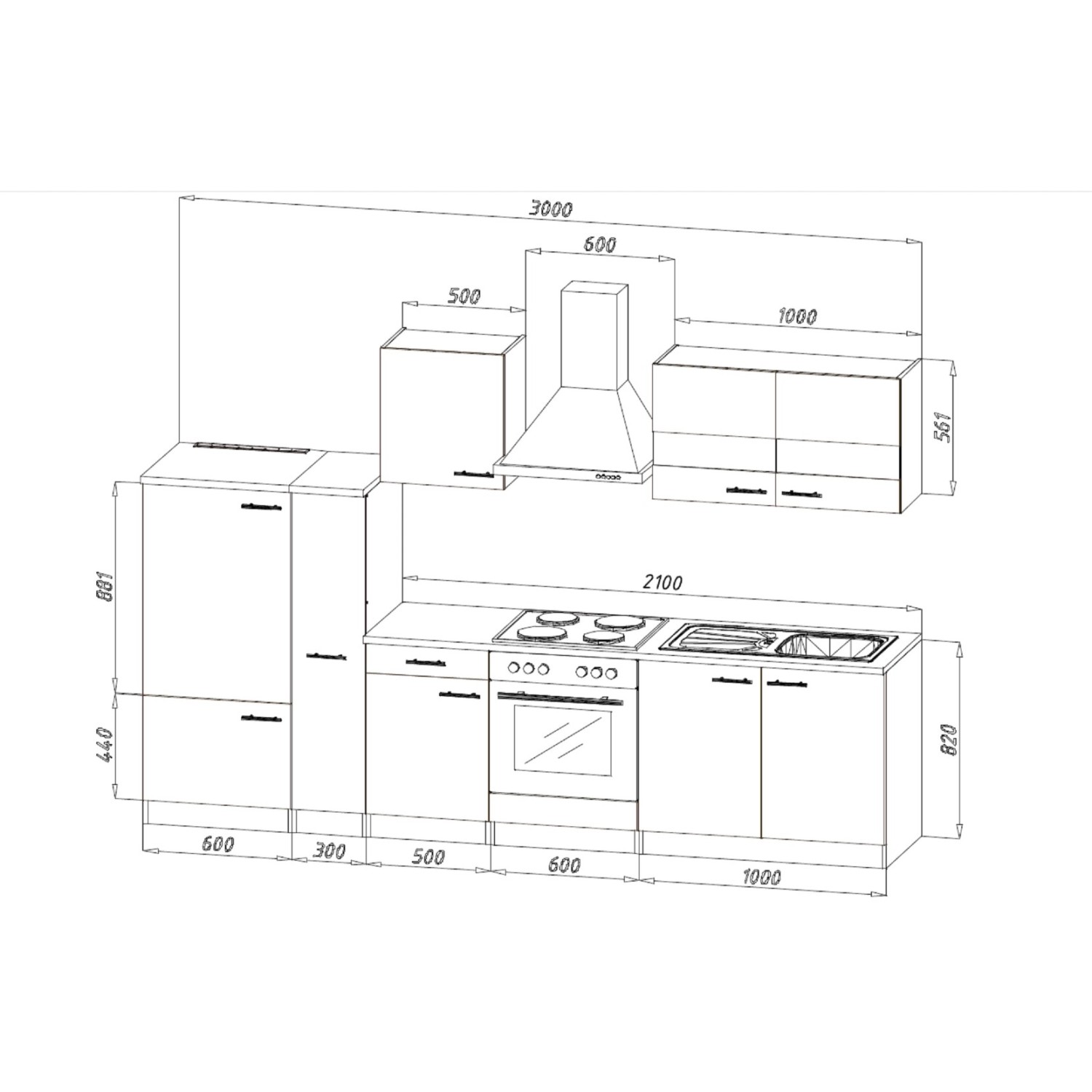 Skizze der Respekta Küchenzeile KB300ESSC, 300 cm, Schwarz-Eiche Sägerau Nachbildung, mit Maßen.
