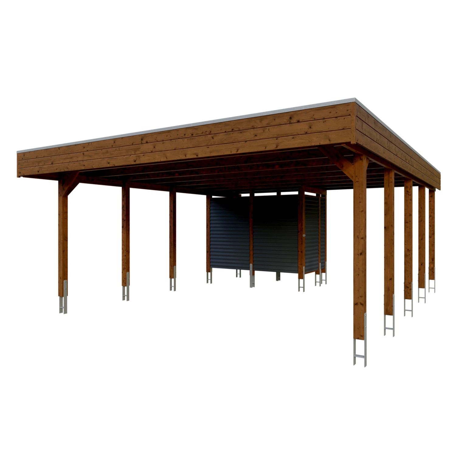 Skan Holz Carport Friesland Hybrid Nussbaum, 557x708cm, mit Abstellraum und Aluminiumdach.