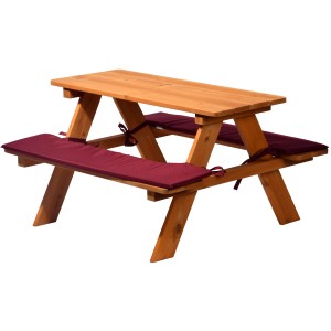 Kinder-Sitzbank aus Holz mit roten Sitzkissen für vier Kinder.