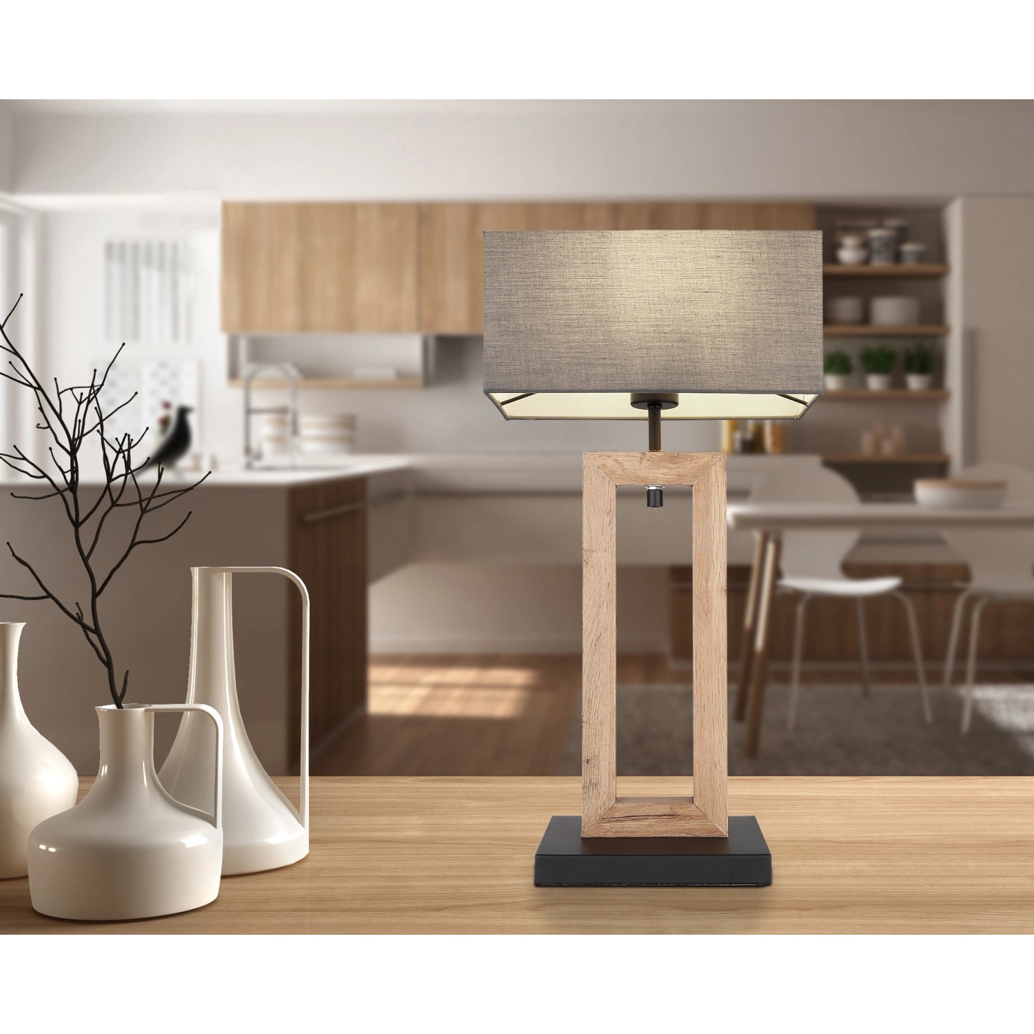 Globo Design-Tischlampe Ossi, schwarz matt, mit Holz- und Textil-Schirm, 55cm hoch.