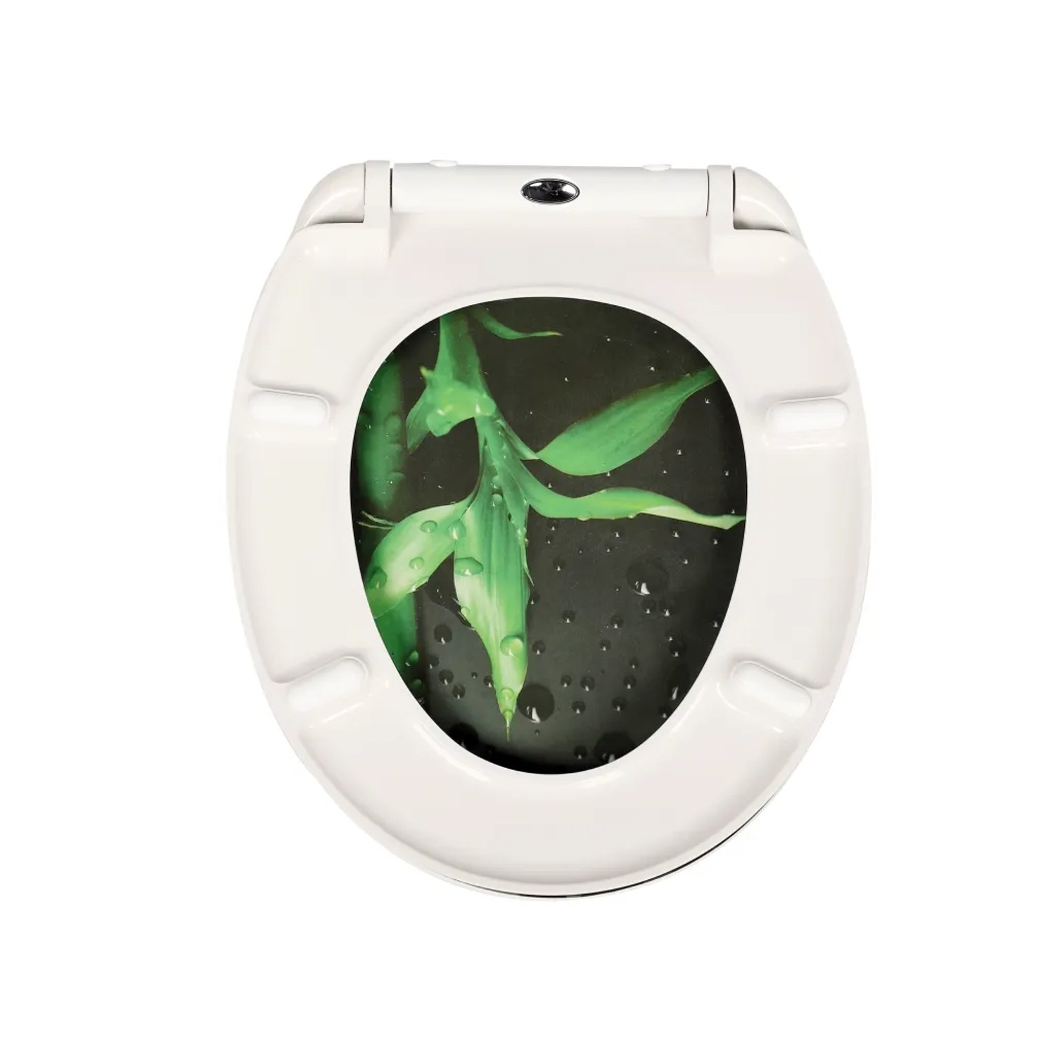 Weißer Duroplast WC-Sitz mit Absenk-Automatik. Motiv: grüner Bambus mit Wassertropfen auf dunklem Grund.