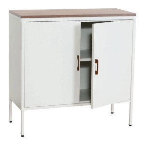 Weiße MCW Kommode L84-2 mit zwei Türen, Holzplatte und Metallgestell.
