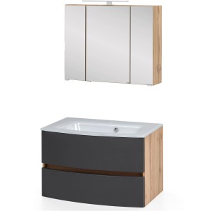 Held Möbel Waschtisch-Set Salerno, 80 cm, Grau-Wotaneiche mit Glasbecken und Spiegelschrank.