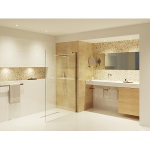 Modernes Badezimmer mit Dusche, Waschtisch und Spiegel, beleuchtet mit GU10 LED Leuchtmitteln.