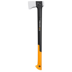 Fiskars Spaltaxt X28 mit M-Klinge, Axt zum Spalten von Holzscheiten, mit schwarzem Stiel und orangefarbenem Griff.