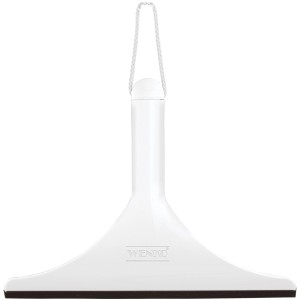 Wenko Badezimmerwischer Filo, weiß mit schwarzer Gummilippe und Aufhängeschlaufe.