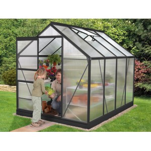 Vitavia Gewächshaus Venus 5000 Schwarz mit Kind und Mann im Garten.