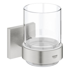 Grohe QuickFix Zahnputzbecher mit Halter, Glas/Edelstahloptik.