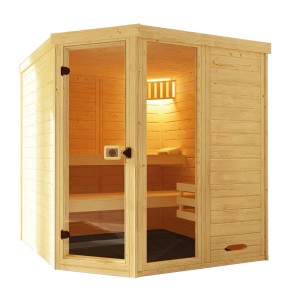 Weka Elementsauna Laukkala mit Glastür und Saunaleuchtenset aus Fichtenholz.