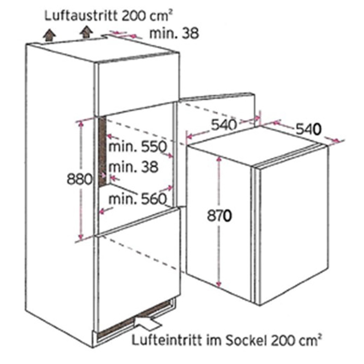 Skizze der Held Möbel Küchenzeile Mailand 370 cm, Maße und Luftzirkulation dargestellt.