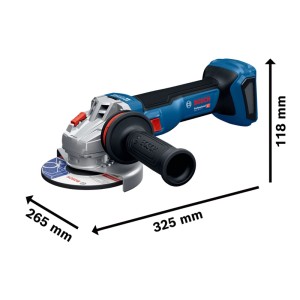 Blauer Bosch Professional Akku-Winkelschleifer GWS 18V-11 S mit Griff und Schleifscheibe. Maße: 325x265x118 mm.