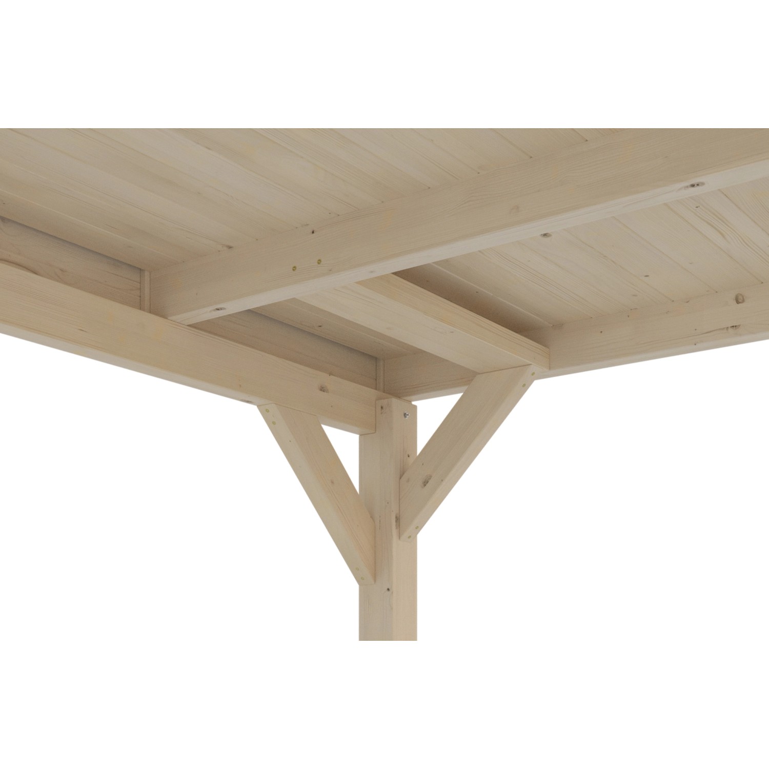 Detailansicht Carport Grunewald: Holzkonstruktion mit Pfosten und Dach aus naturbelassenem Holz.