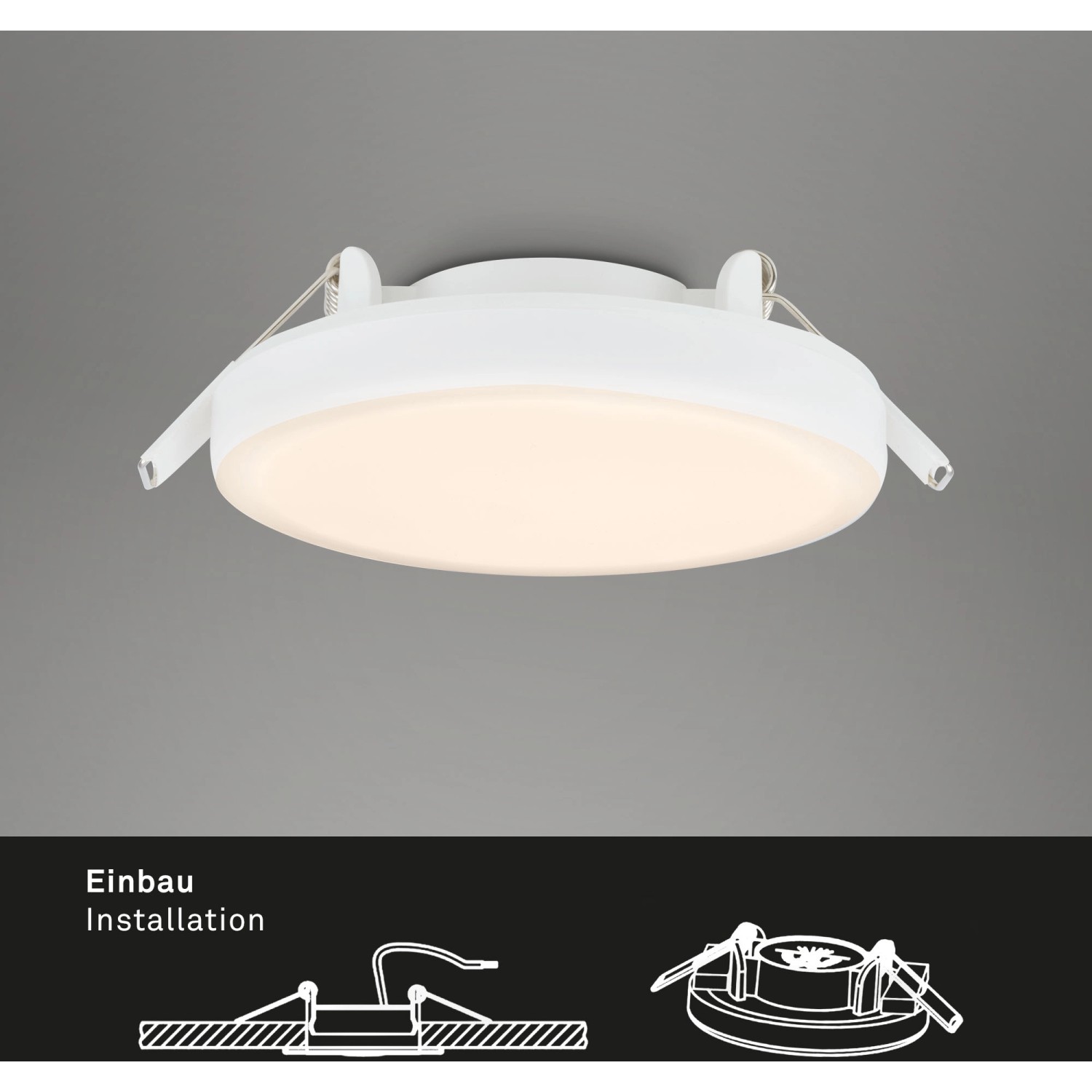 Weiße Briloner LED-Einbauleuchte Plat, Ø 10 cm, warmweißes Licht. Ideal als Einbaustrahler.