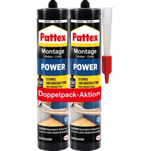 Pattex Montage Kleber Power Doppelpack, weiß, 2x 370g, für saugende Materialien.