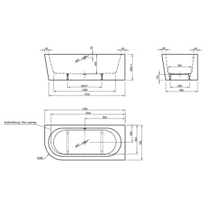 Technische Zeichnung der Ottofond Eck-Badewanne Modena Corner links 178 cm mit Maßen und abgerundeter Ecke.