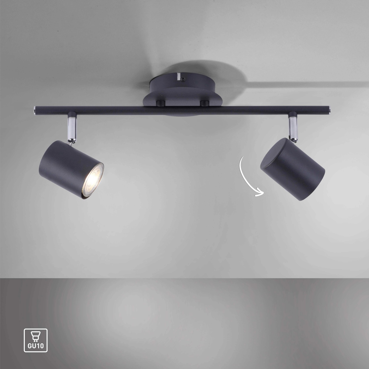 Anthrazitfarbener 2-flammiger LED-Spot Tarik, dreh- und schwenkbar, für Deckenmontage.