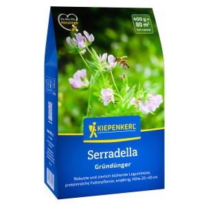 Kiepenkerl Gründünger Serradella, 400g Packung mit Blüte und Biene.