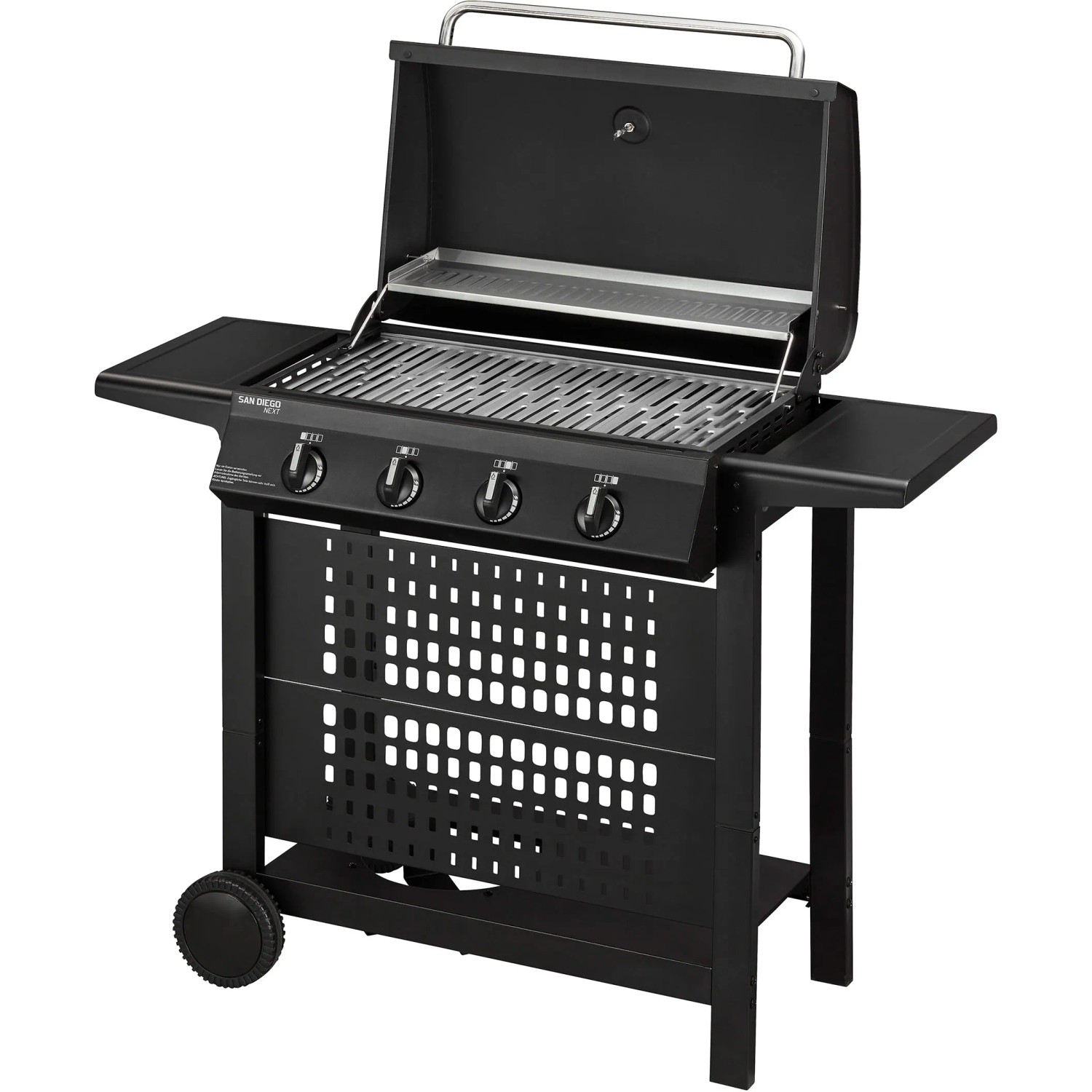 Schwarzer Enders Gasgrill San Diego Next 4 mit 4 Brennern und Edelstahlrost.